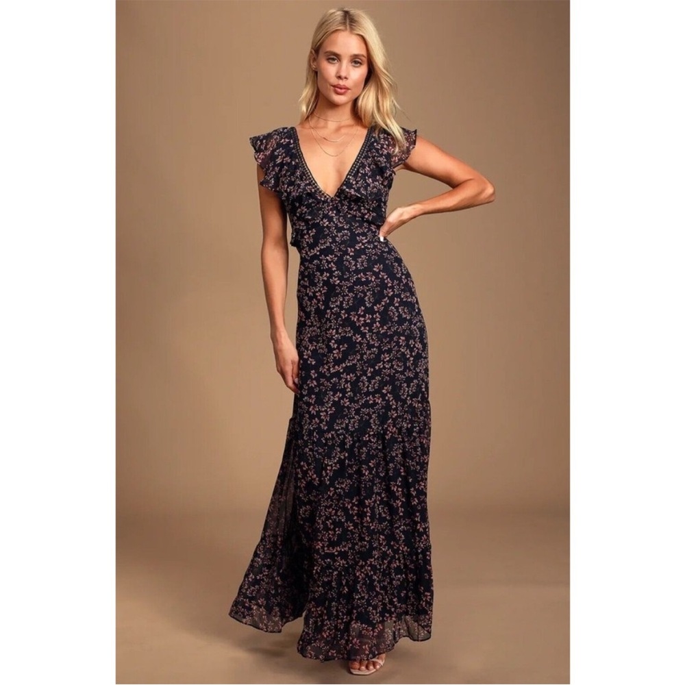 Lulu’s Darling daydream navy blue with floral and ruffles maxi dress